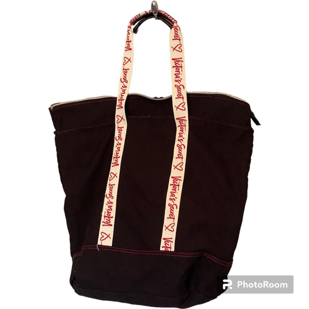 Victoria's Secret Black Canvas Tote Bag 17x16x6 Zip Closure w/ Handles - Picture 7 of 8